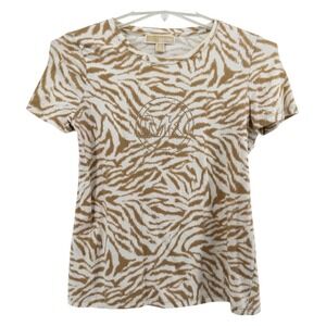 Michael Kors Womens Short Sleeve Tan T Shirt Zebra Print Rhinestone Logo Size M